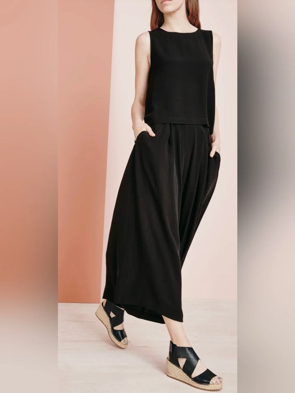 Eileen Fisher Willow Black Leather Crisscross Espadrille Wedge Sandals
